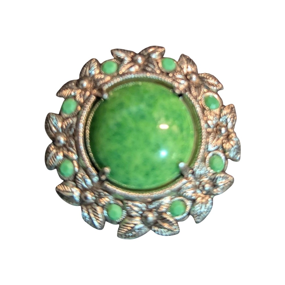 Vintage West Germany Green‎ Cabochon Floral Brooch Silver Tone Pin Mid Century